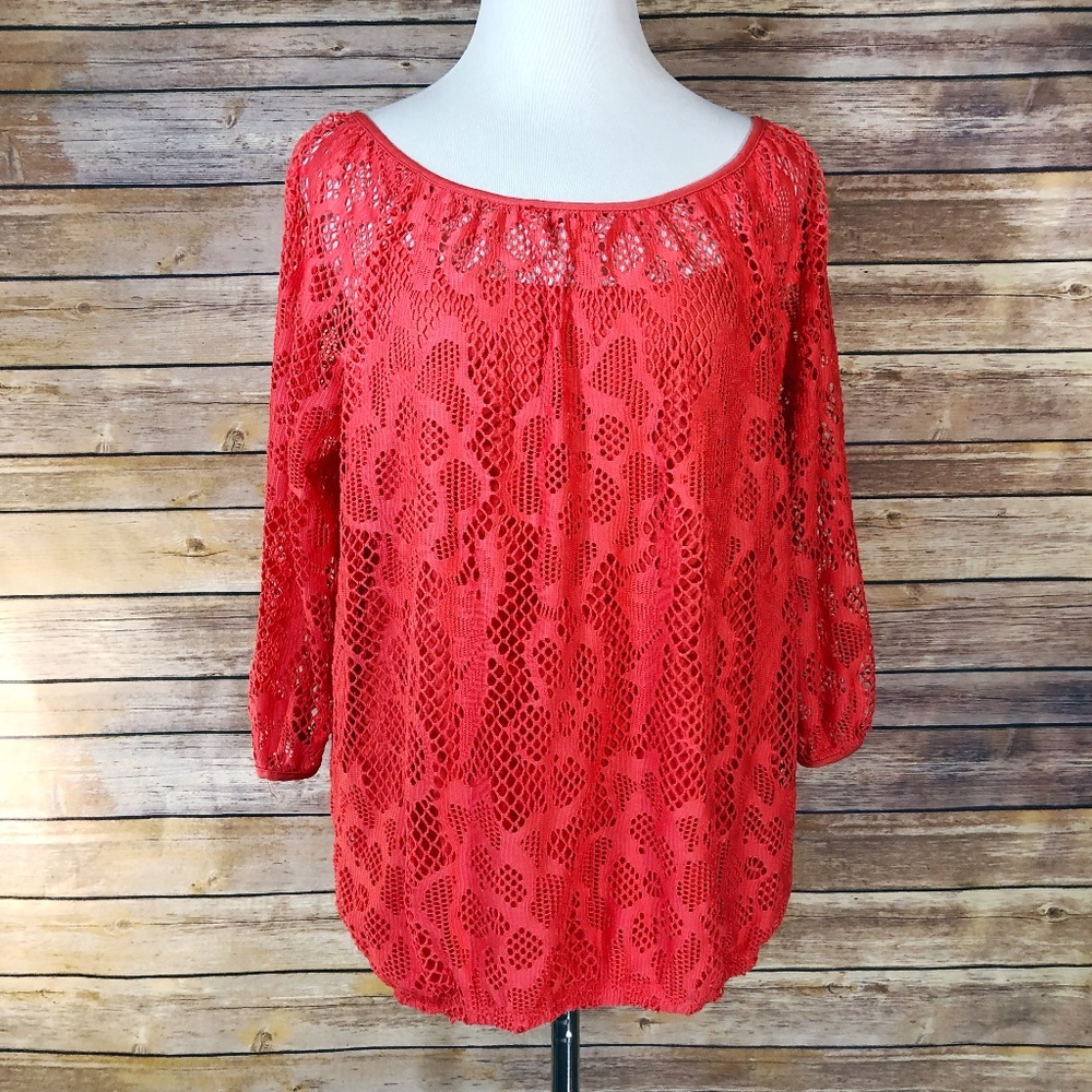 Boston Proper Coral Orange Floral Lace Mesh Blouse